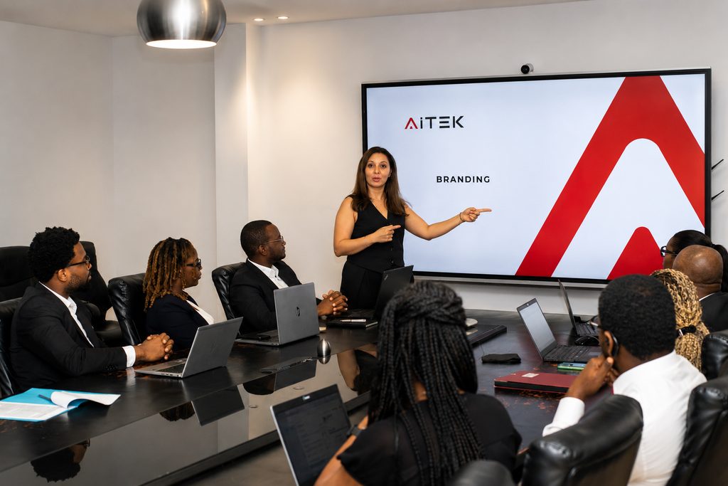 Revue commerciale entre l'équipe AITEK et un partenaire technologique.