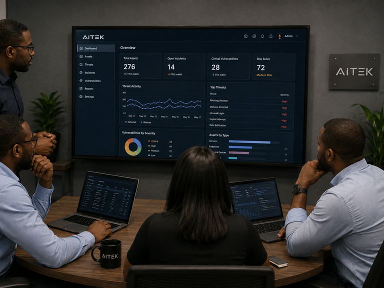 Atelier de cybersécurité autour d'une console de supervision.